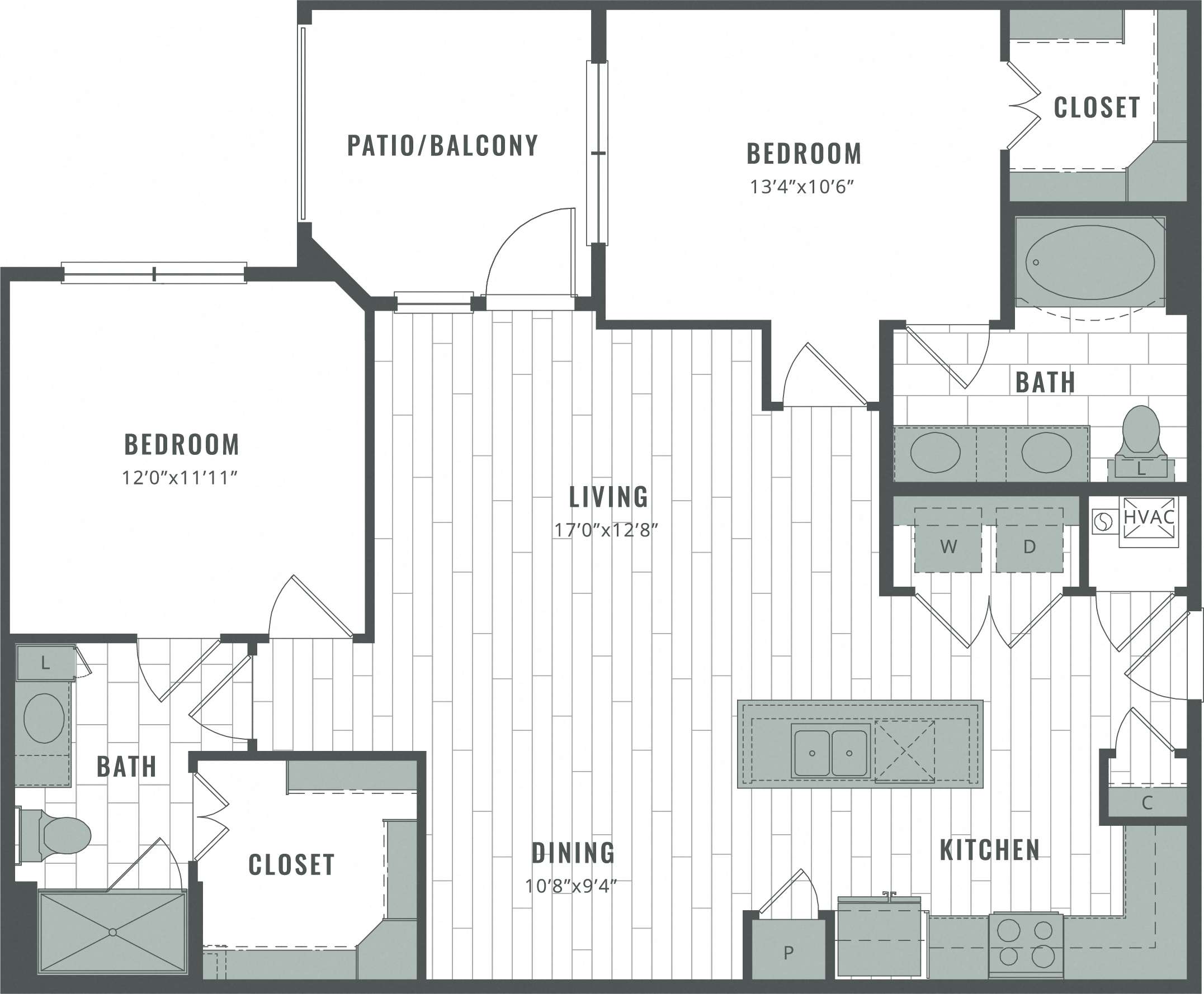 Floor plan for 2 beds, 2 baths, 1168 sqft